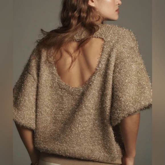 NWT Maeve by Anthropology Women’s Short Sleeve Tinsel Sweater Size M Holiday Top - Picture 2 of 11